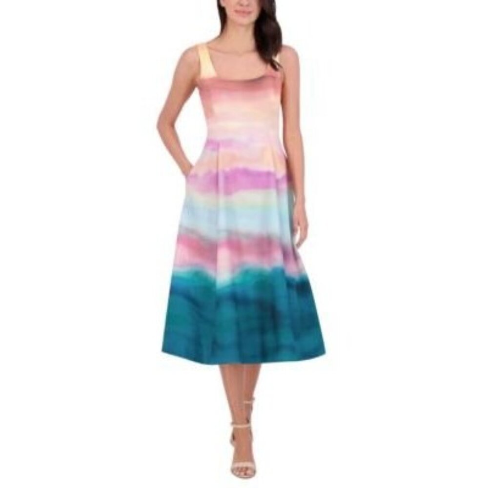 Vince Camuto Scoop-Neck Fit & Flare Multi Watercolor Scuba Knit Dress Size 8 NWT